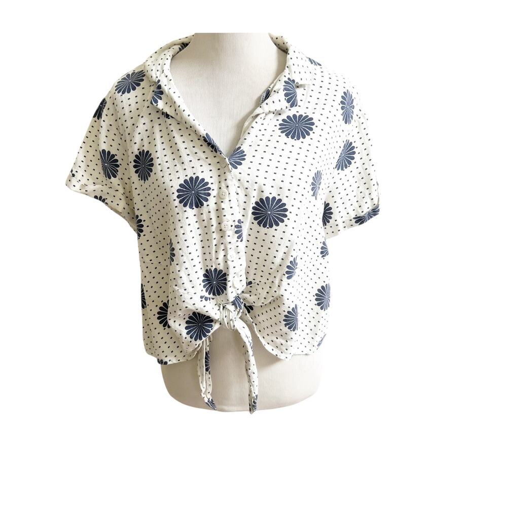 Modcloth Cropped Blouse Womens XL White Floral Dot Linen Blend Tie Front Beachy